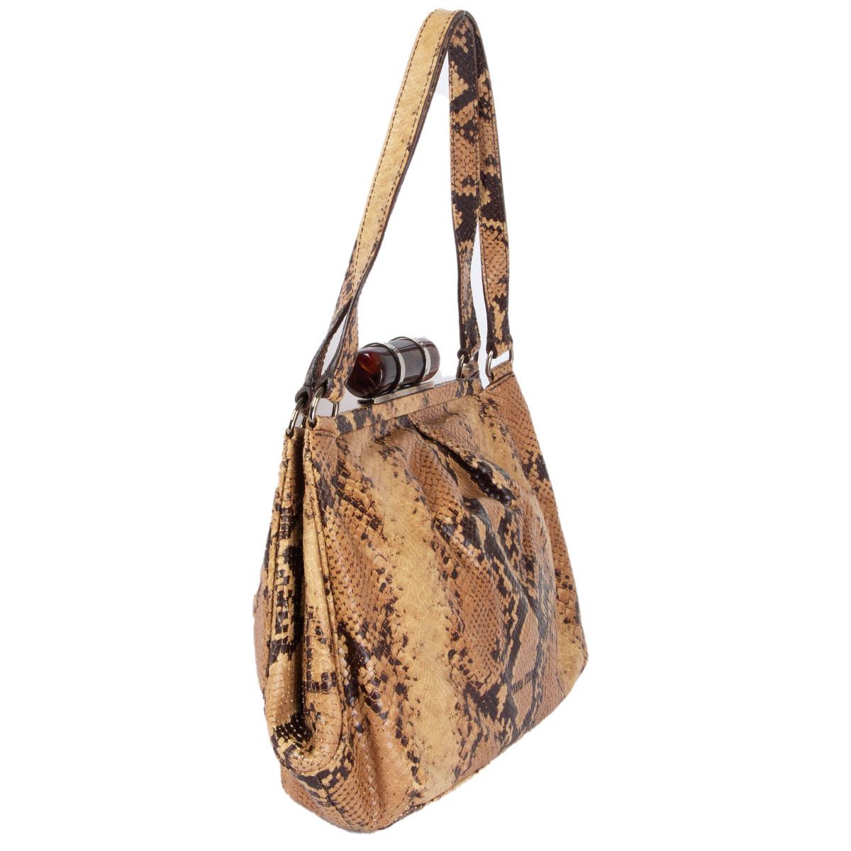100% authentic Miu Miu shoulder bag in beige and espresso brown python embossed calfskin. Opens with dark brown acetate clasp on top and is lined in dark brown canvas with one zipper pocket against the back. Has been worn and is in excellent