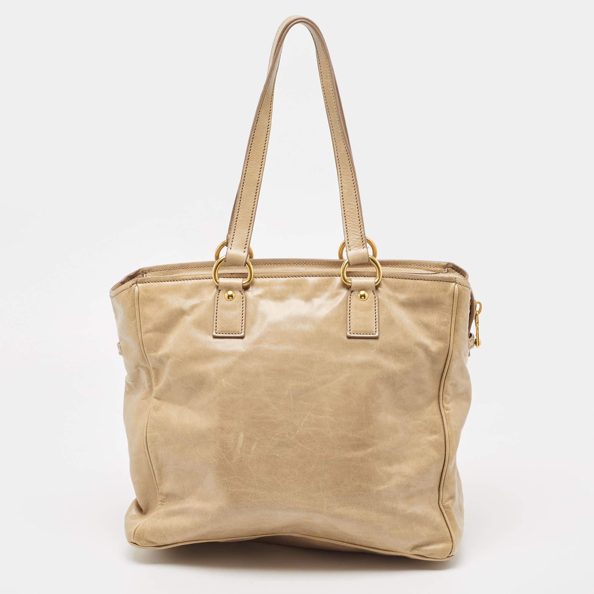 Miu Miu Beige Leather Front Pocket Tote For Sale 8