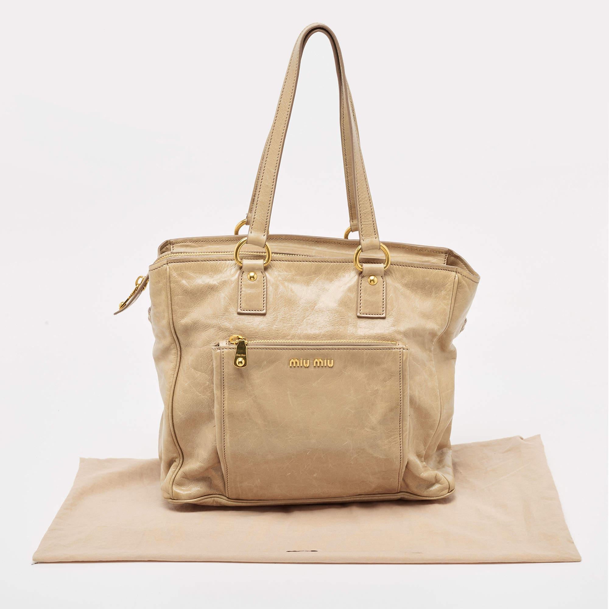 Miu Miu Beige Leather Front Pocket Tote For Sale 11