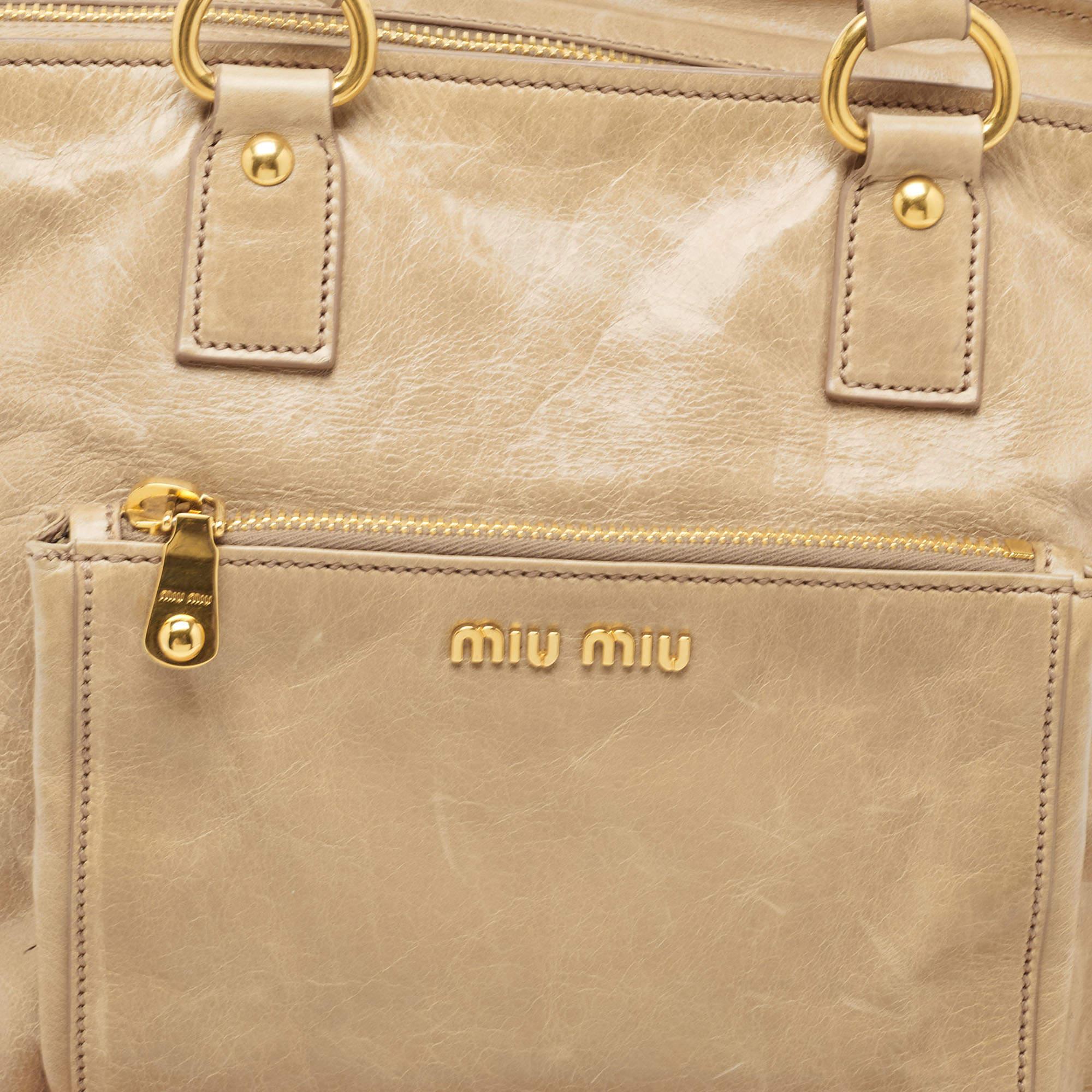 Miu Miu Beige Leather Front Pocket Tote For Sale 3