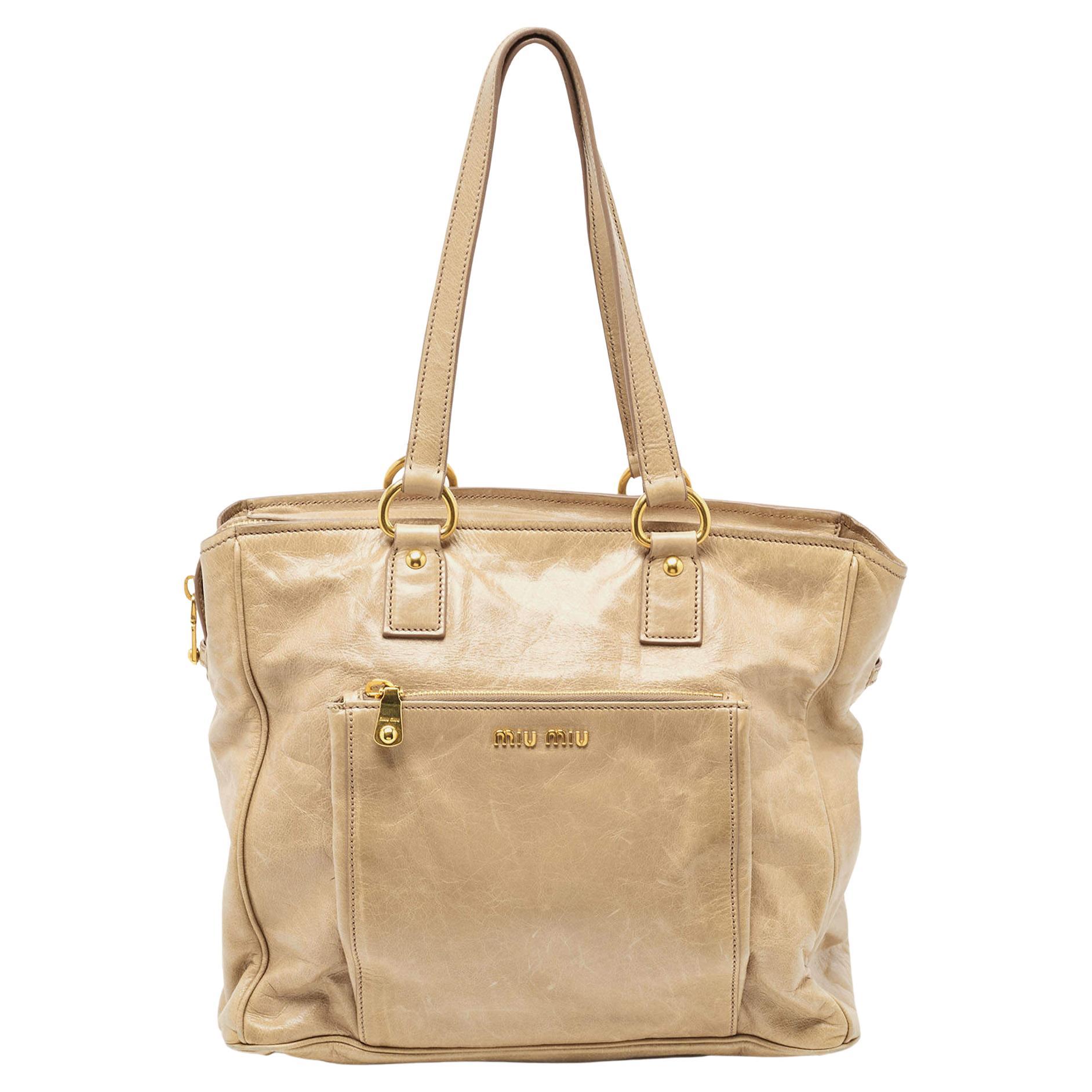 Miu Miu Beige Leather Front Pocket Tote For Sale