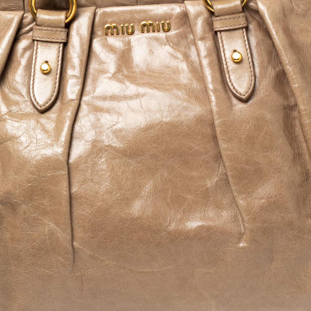 Miu Miu Beige Leather Gathered Tote For Sale 5