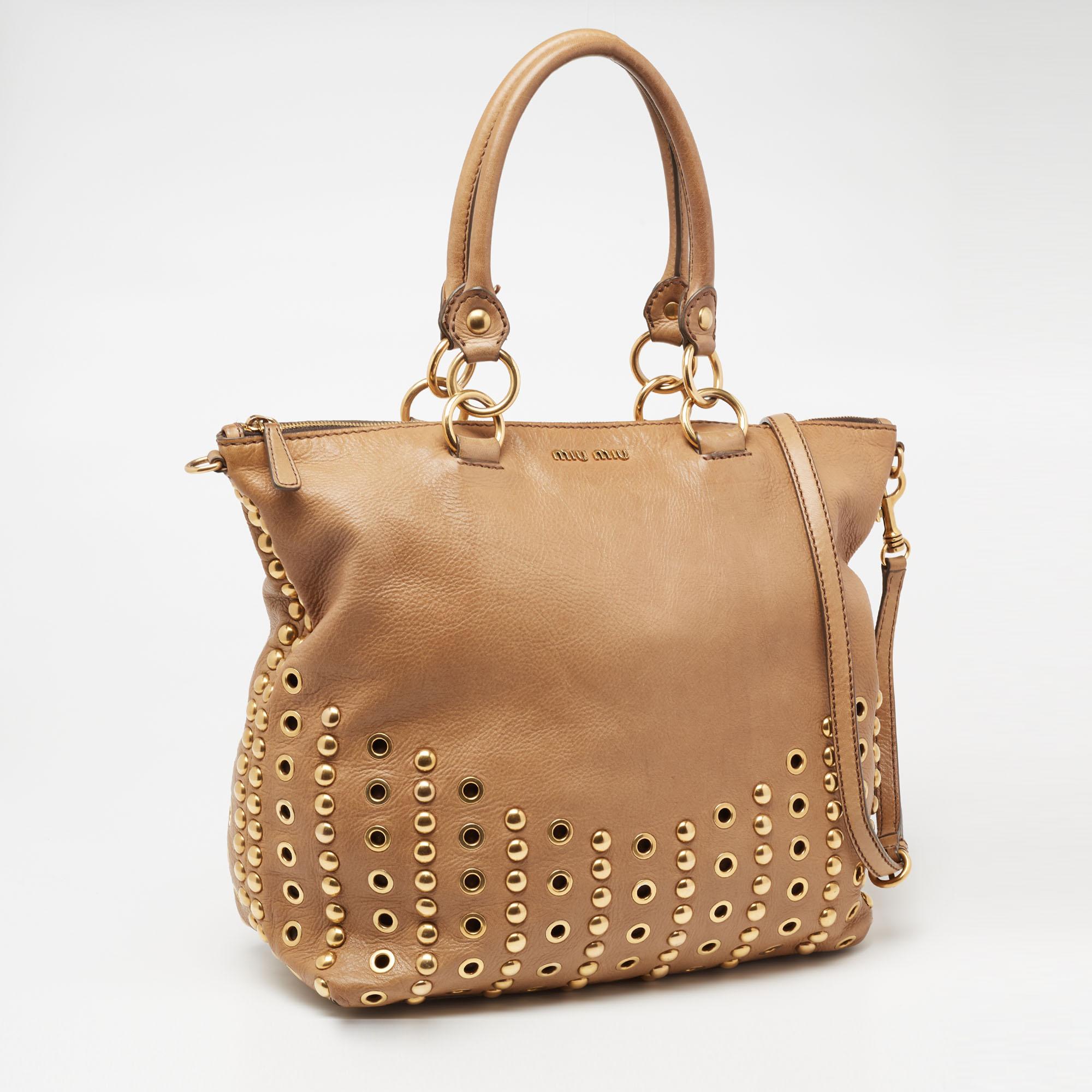 Women's Miu Miu Beige Leather Grommet Tote