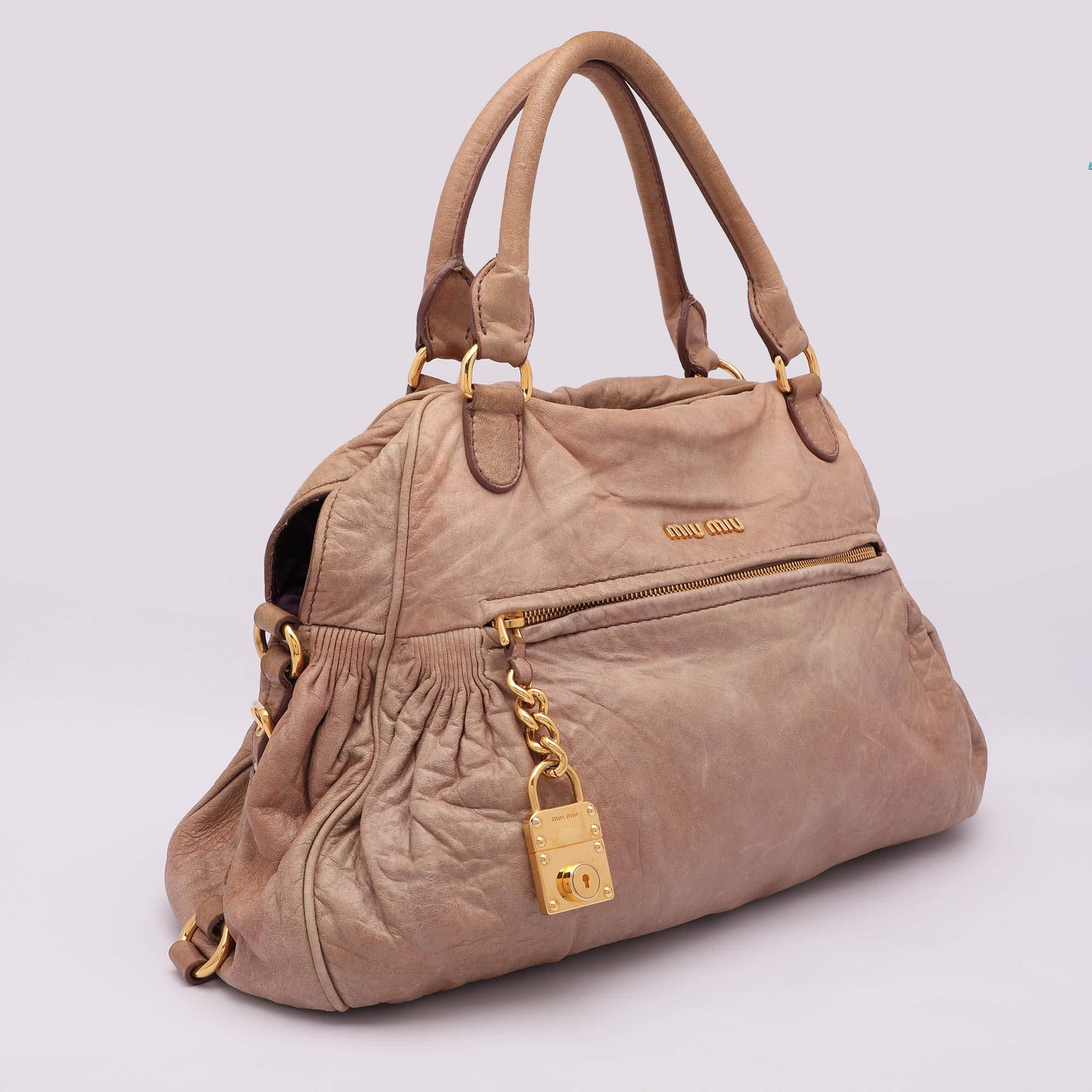 Miu Miu Beige Leather Lily Distressed Satchel In Good Condition In Dubai, Al Qouz 2