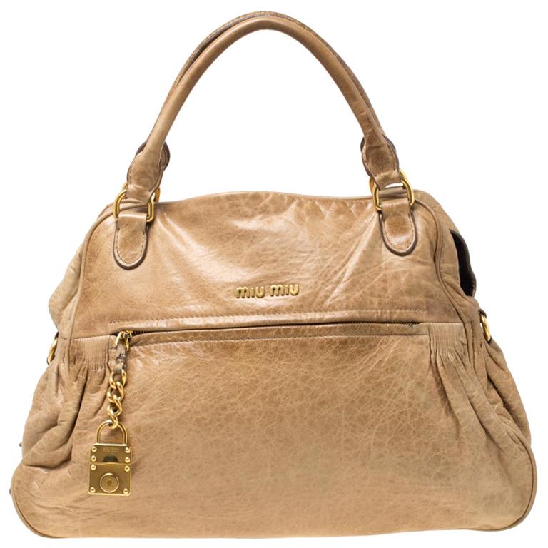 Miu Miu Beige Leather Lily Distressed Satchel For Sale