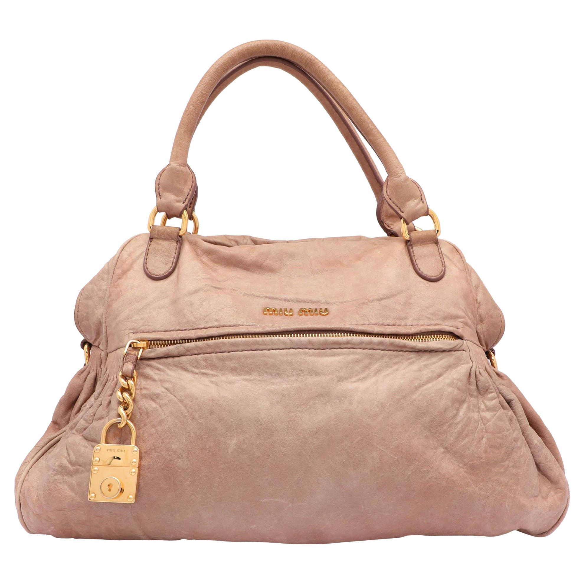 Miu Miu Beige Leather Lily Distressed Satchel