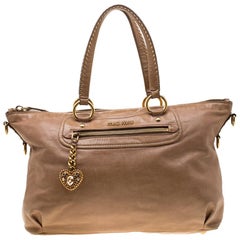 Miu Miu Beige Leather Studded Heart Charm Top Handle Bag