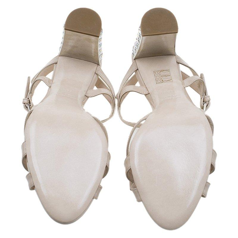 Women's Miu Miu Beige Patent Crystal Heel Sandals Size 38.5