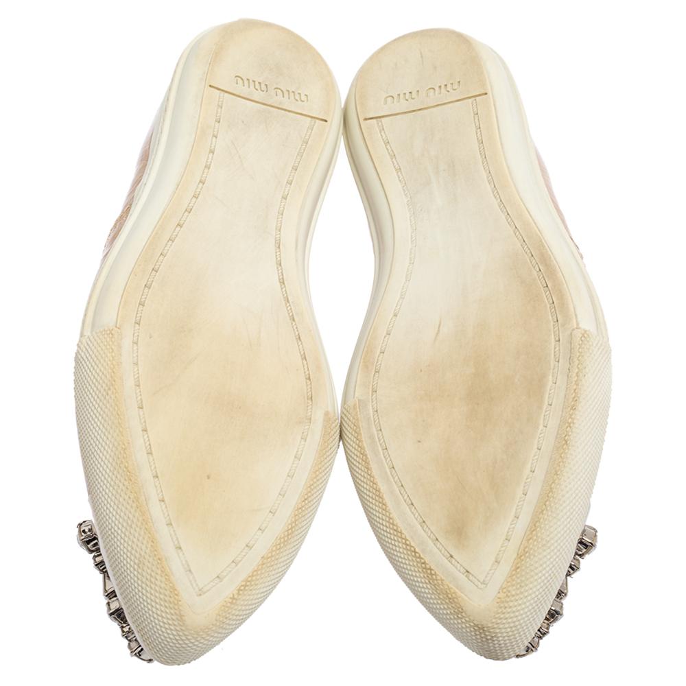 Women's Miu Miu Beige Patent Embellished Cap Toe Slip On Sneakers Size 38 For Sale