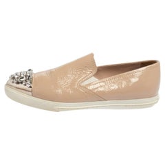 Miu Miu Beige Patent Embellished Cap Toe Slip On Sneakers Size 38