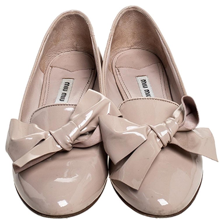 Miu Miu Beige Patent Leather Bow Jeweled Heel Flats Size 37.5 at 1stDibs