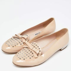 Miu Miu Beige Patent Leather Bow Spiked Flats Size 36.5