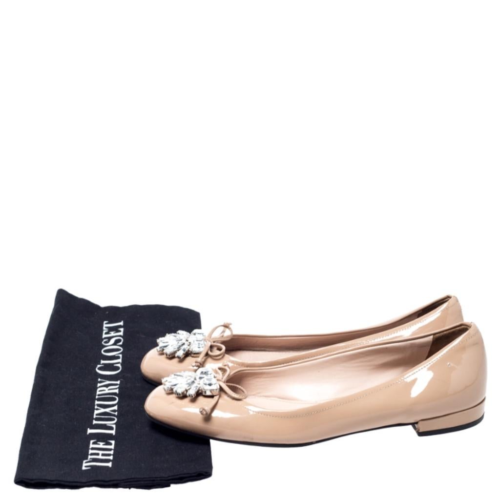 Miu Miu Beige Patent Leather Crystal Embellished Ballet Flats Size 37 4