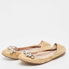 Miu Miu Beige Patent Leather Crystal Embellished Ballet Flats Size 39