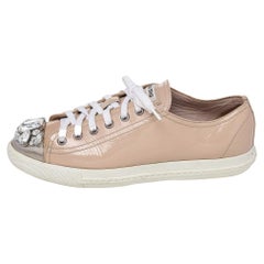Miu Miu Beige Patent Leather Crystal Embellished Cap Toe Sneakers Size 38.5