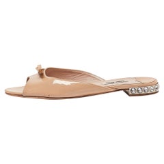 Miu Miu Beige Patent Leather Crystal Embellished Flat Slides Size 38.5