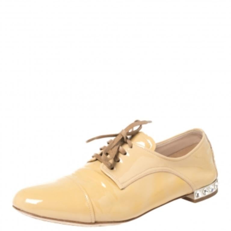 Miu Miu Beige Patent Leather Crystal Embellished Heel Lace Derby Size 36 For Sale 1