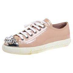 Miu Miu Beige Patent Leather Crystal Embellished Low Top Sneakers Size 37