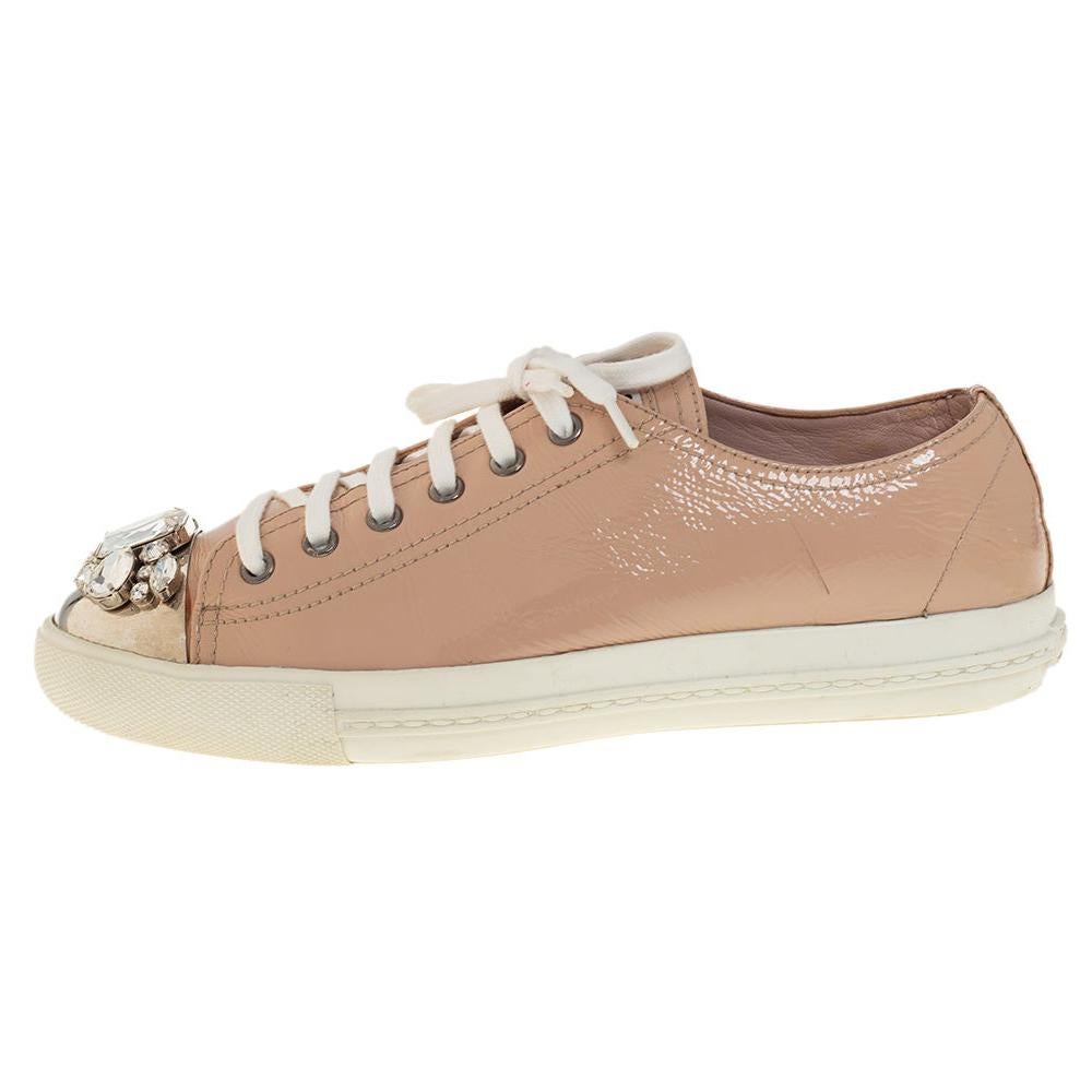 Miu Miu Beige Patent Leather Crystal Embellished Low Top Sneakers Size 39