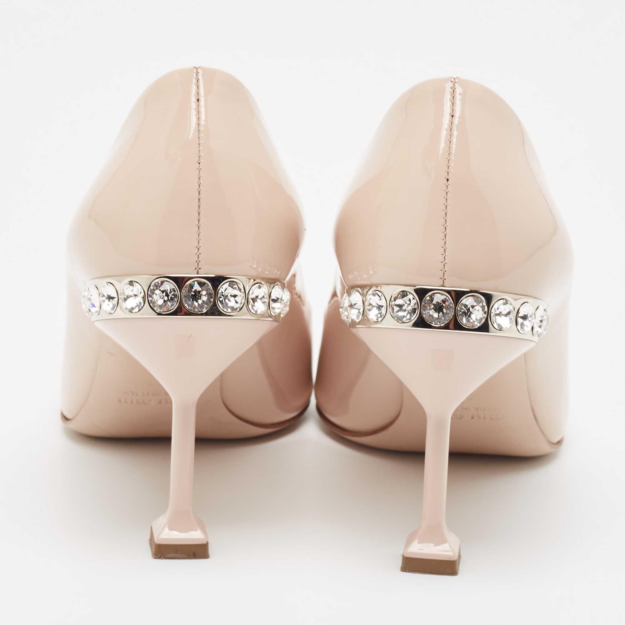 Women's Miu Miu Beige Patent Leather Crystal Embellished Pointed Toe Pumps Size 37 For Sale