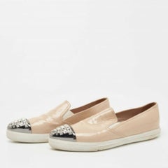 Miu Miu Beige Patent Leather Crystal Embellished Sneakers Size 38