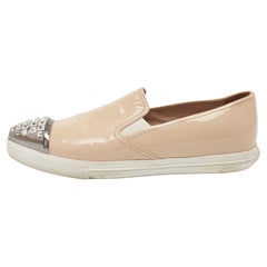 Miu Miu Beige Patent Leather Crystal Embellished Sneakers Size 38