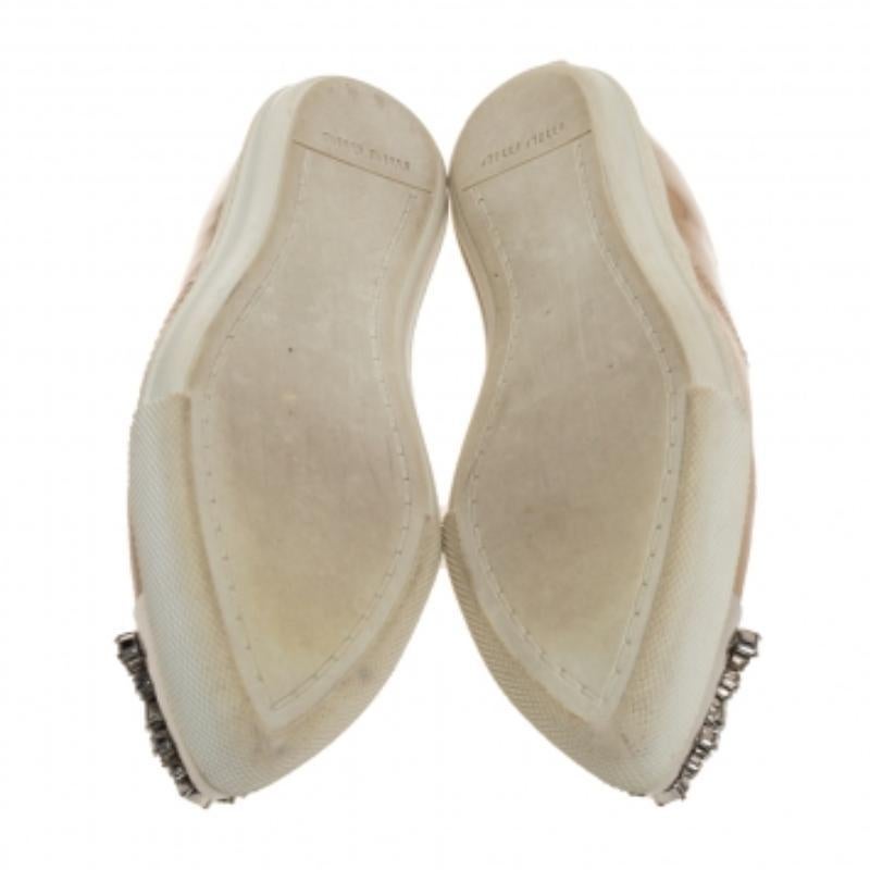 Miu Miu Beige Patent Leather Crystal Pointed Cap Toe Slip On Sneakers Size 35 In Fair Condition For Sale In Dubai, Al Qouz 2