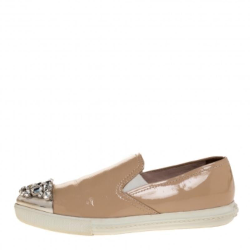 Miu Miu Beige Patent Leather Crystal Pointed Cap Toe Slip On Sneakers Size 35 For Sale 1