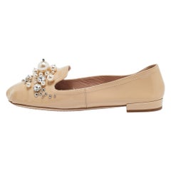 Miu Miu Beige Patent Leather Faux Pearls Ballet Flats Size 37.5