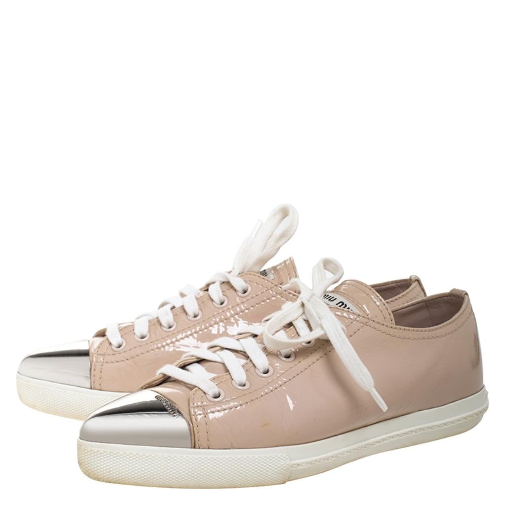 Women's Miu Miu Beige Patent Leather Metal Cap Toe Lace Up Sneakers Size 36.5