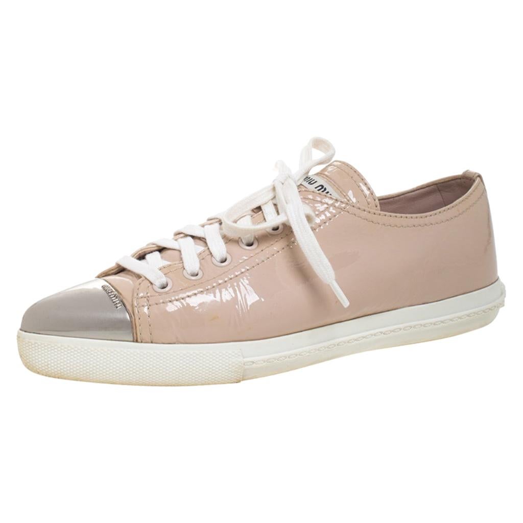 Miu Miu Beige Patent Leather Metal Cap Toe Lace Up Sneakers Size 36.5