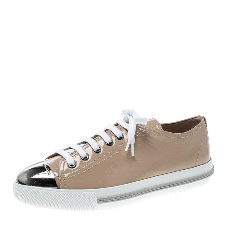 Miu Miu Beige Patent Leather Metal Cap Toe Lace Up Sneakers Size 38.5 ...