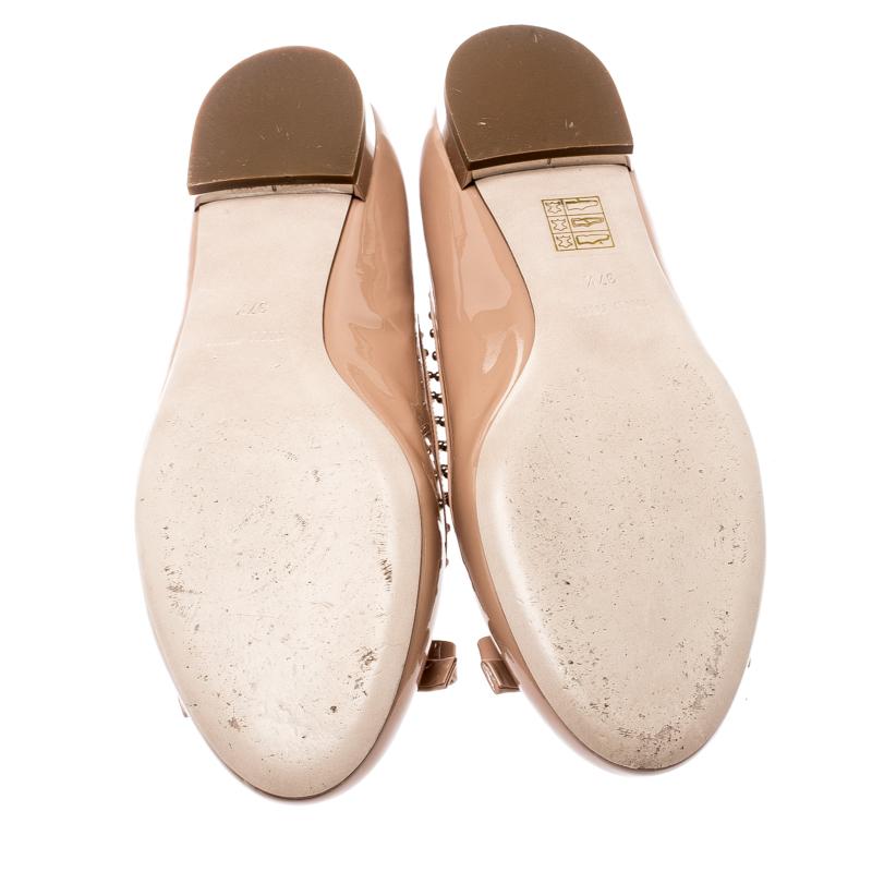 Women's Miu Miu Beige Patent Leather Studded Bow Ballet Flats Size 37.5