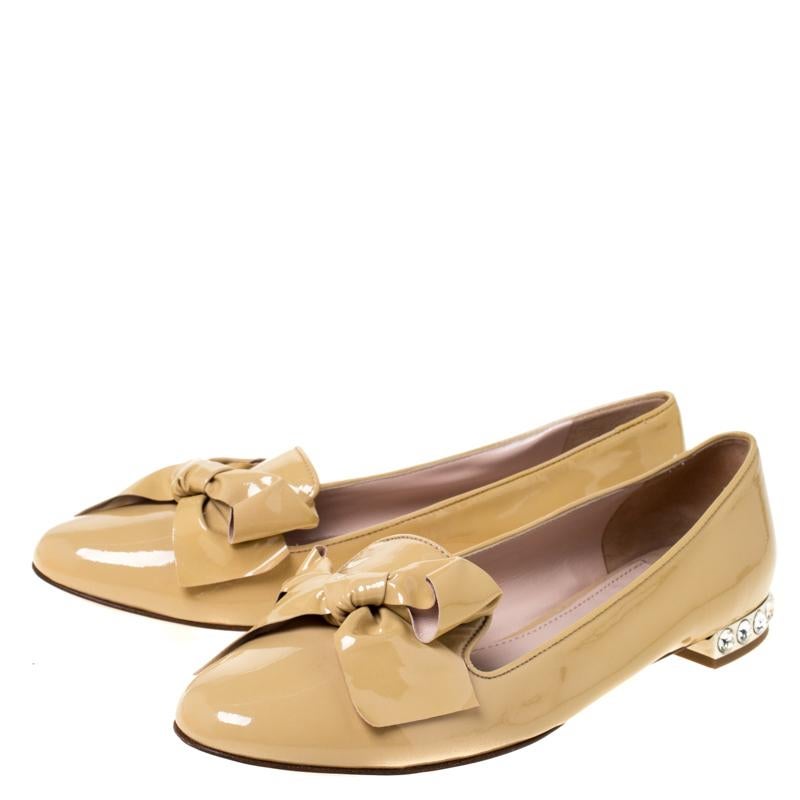 Miu Miu Beige Patent Leather Studded Bow Loafers Size 37 1