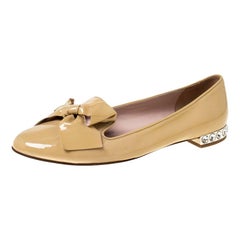 Miu Miu Beige Patent Leather Studded Bow Loafers Size 37