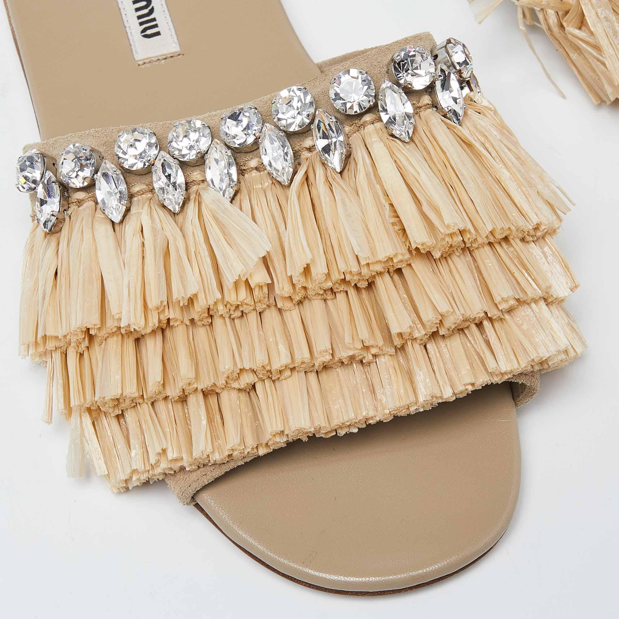 Miu Miu Beige Raffia and Suede Crystals Embellished Slide Flats Size 37 3