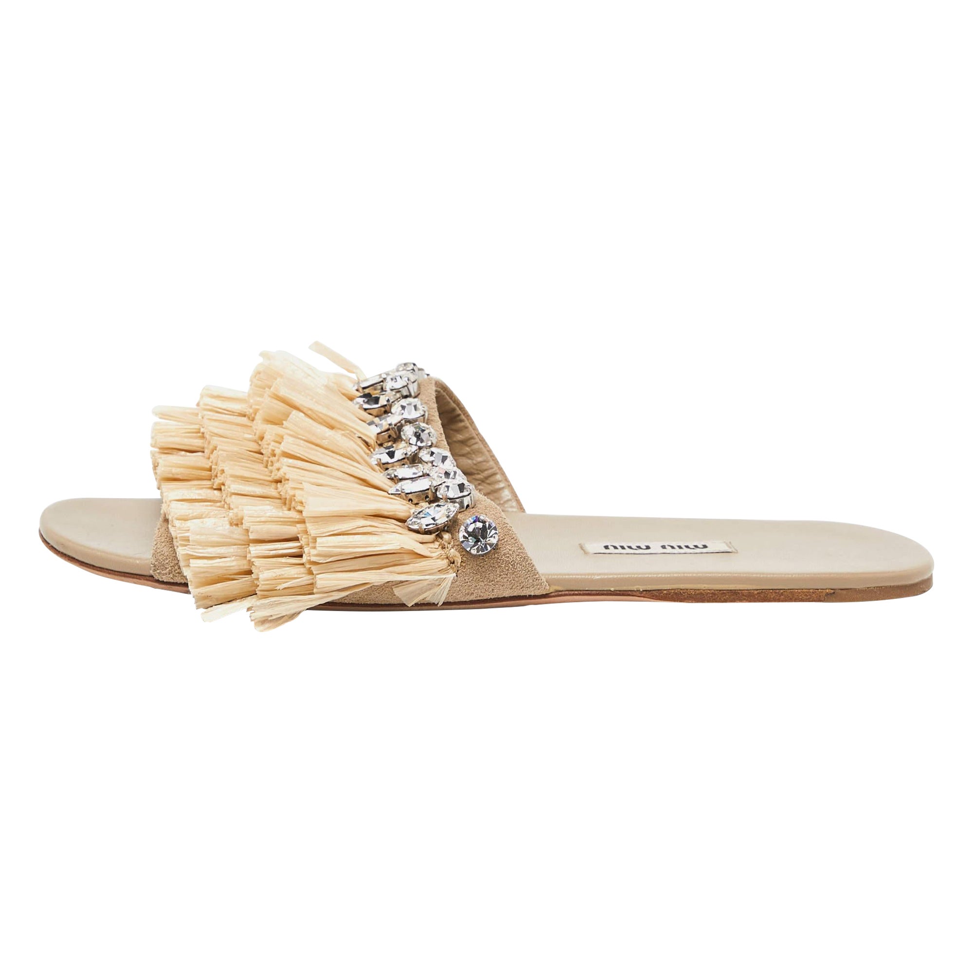 Miu Miu Beige Raffia and Suede Crystals Embellished Slide Flats Size 37