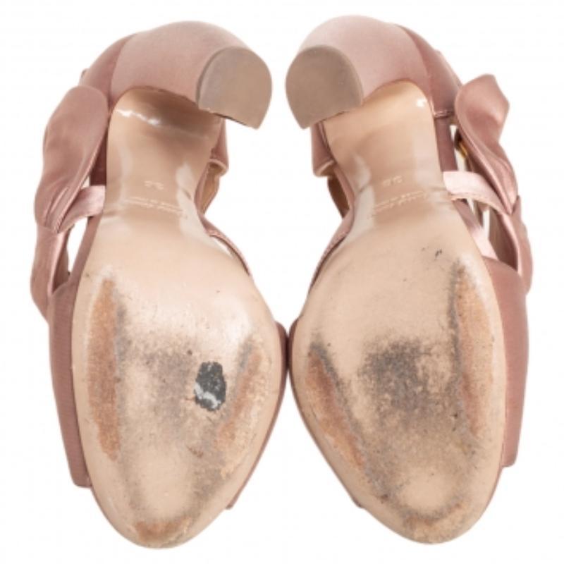 Miu Miu Beige Satin Bow Detail Ankle Strap Block Heel Pumps Size 36 In Fair Condition In Dubai, Al Qouz 2