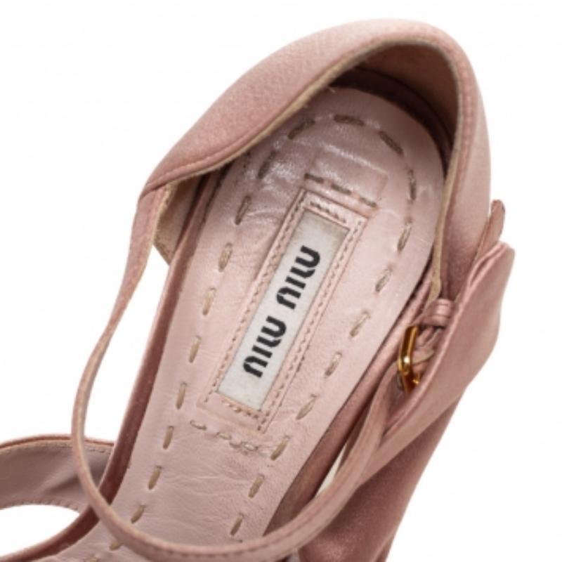 Women's Miu Miu Beige Satin Bow Detail Ankle Strap Block Heel Pumps Size 36