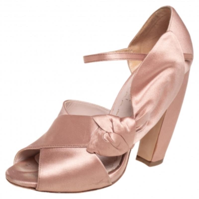 Miu Miu Beige Satin Bow Detail Ankle Strap Block Heel Pumps Size 36 3