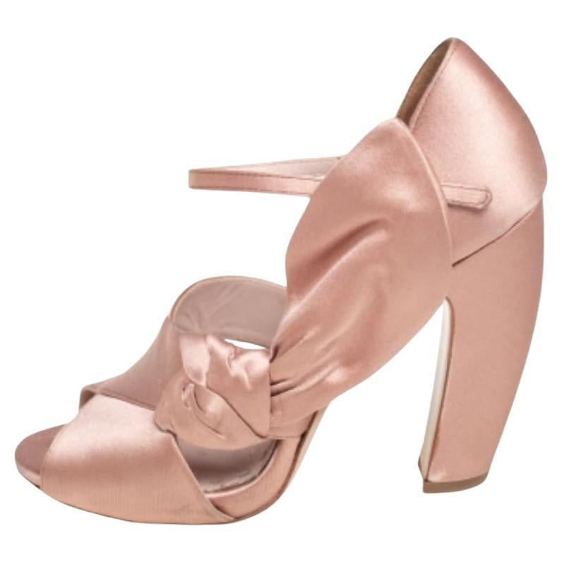 Miu Miu Beige Satin Bow Detail Ankle Strap Block Heel Pumps Size 36