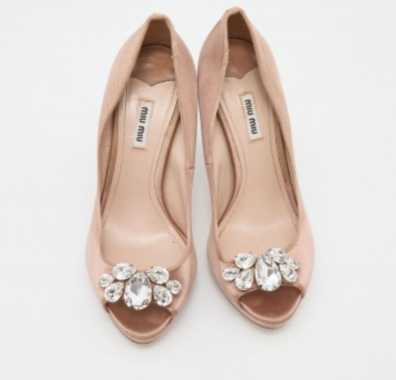 Women's Miu Miu Beige Satin Crystal Embellished Peep Toe Platform Pumps Size 41 For Sale