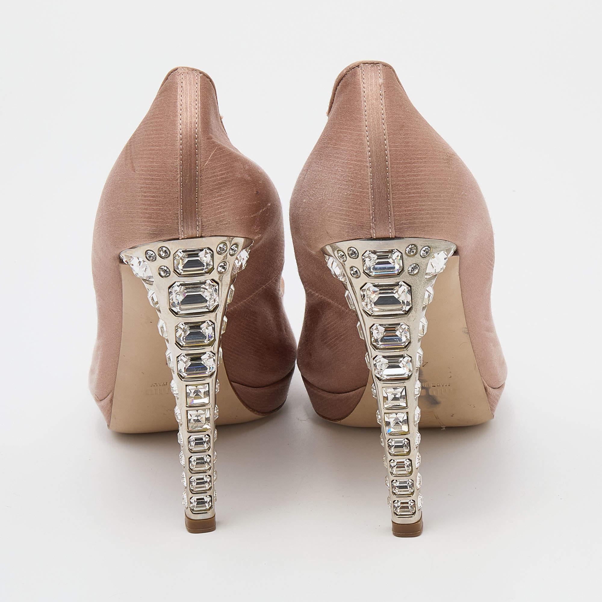 Miu Miu Beige Satin Crystal Embellished Peep Toe Platform Pumps Size 41 1