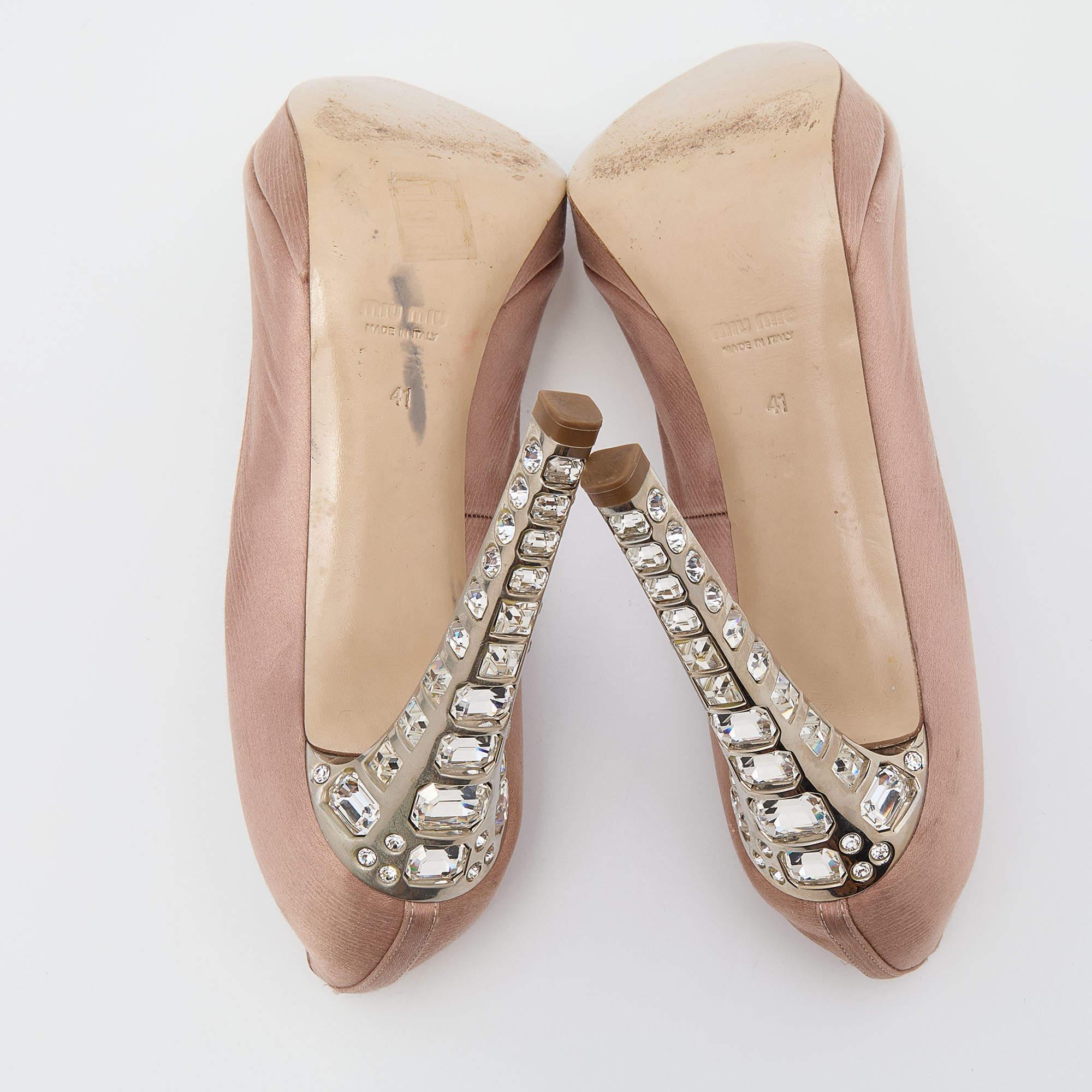 Miu Miu Beige Satin Crystal Embellished Peep Toe Platform Pumps Size 41 2