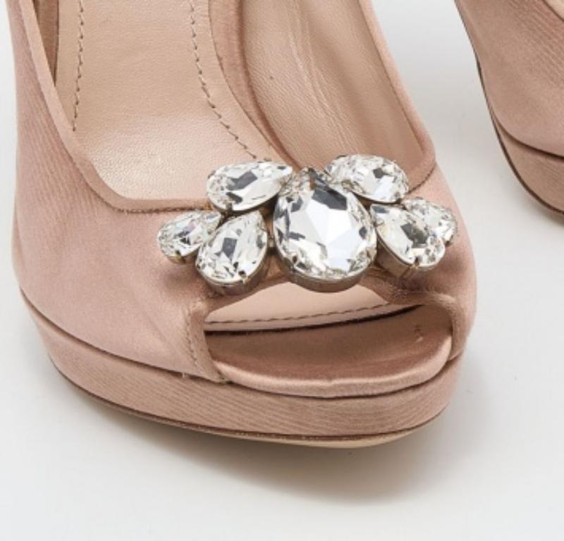 Miu Miu Beige Satin Crystal Embellished Peep Toe Platform Pumps Size 41 For Sale 2