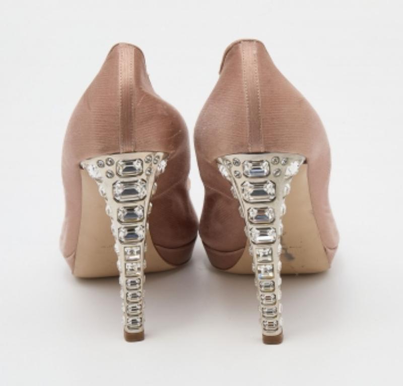Miu Miu Beige Satin Crystal Embellished Peep Toe Platform Pumps Size 41 For Sale 3