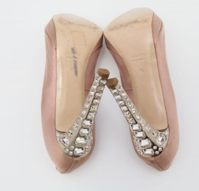 Miu Miu Beige Satin Crystal Embellished Peep Toe Platform Pumps Size 41 For Sale 4