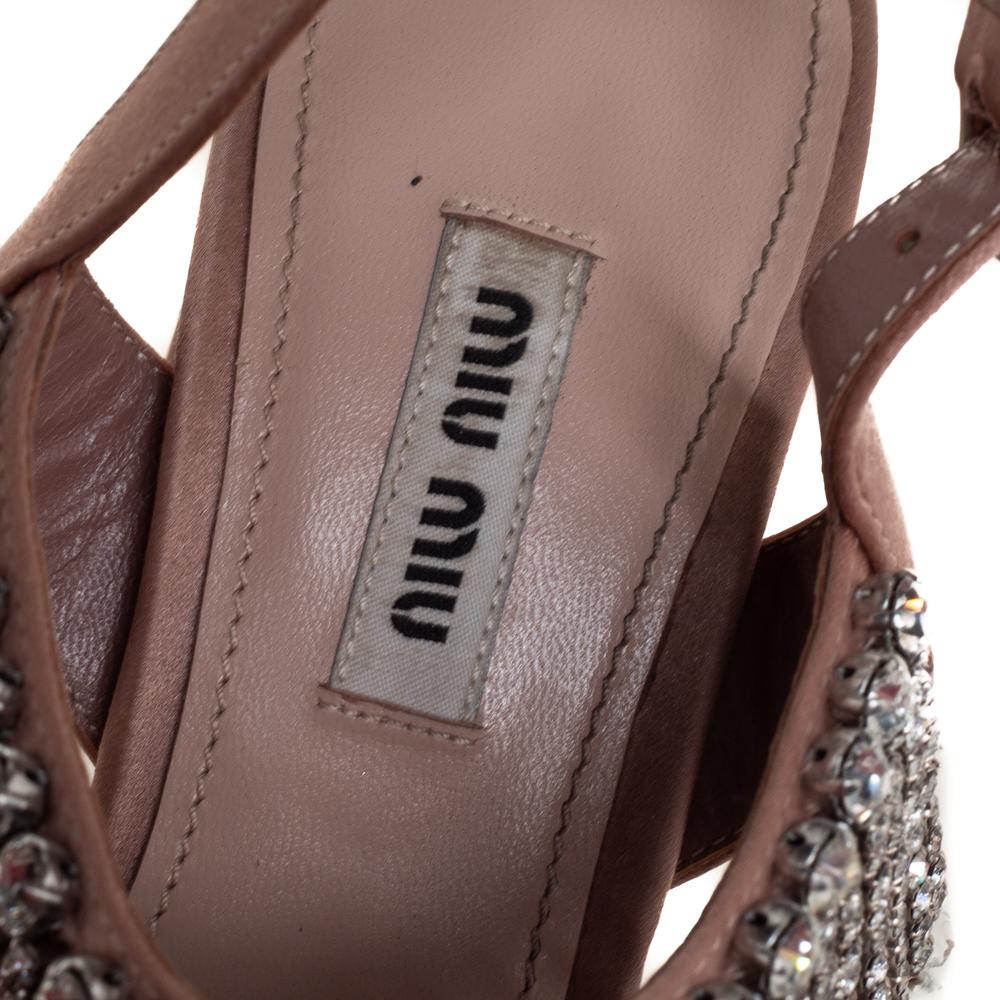Women's Miu Miu Beige Satin Embellished Platform Sandals Size 38.5