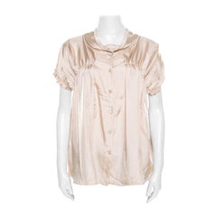 Miu Miu Beige Satin Ruched Bodice Detail Short Sleeve Blouse M