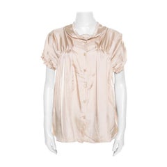 Miu Miu Beige Satin Ruched Bodice Detail Short Sleeve Blouse M